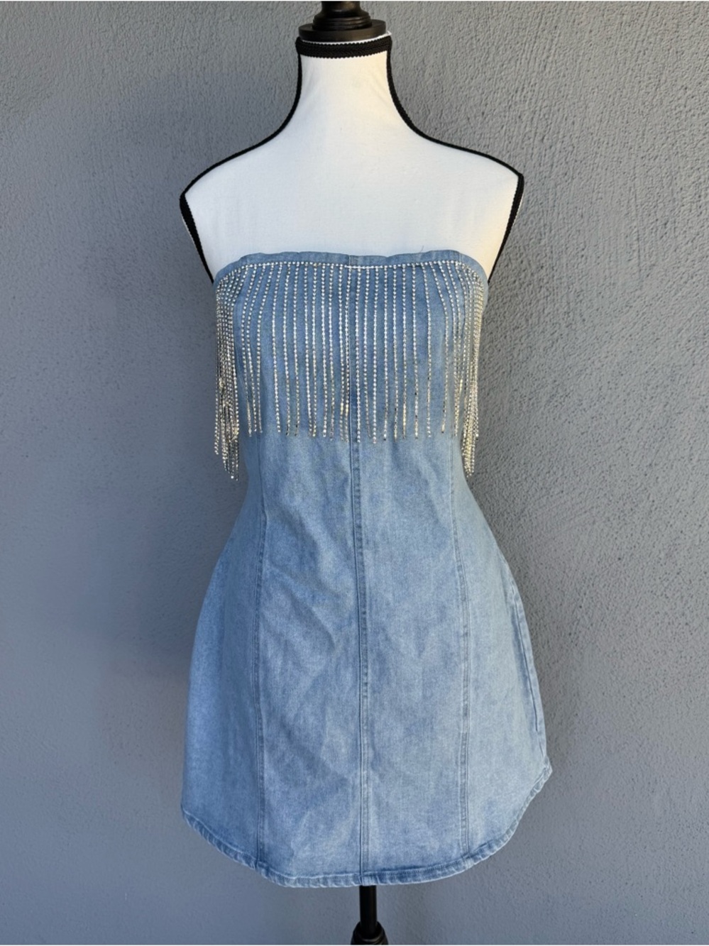 Blue Denim Strapless Fringe Mini Dress